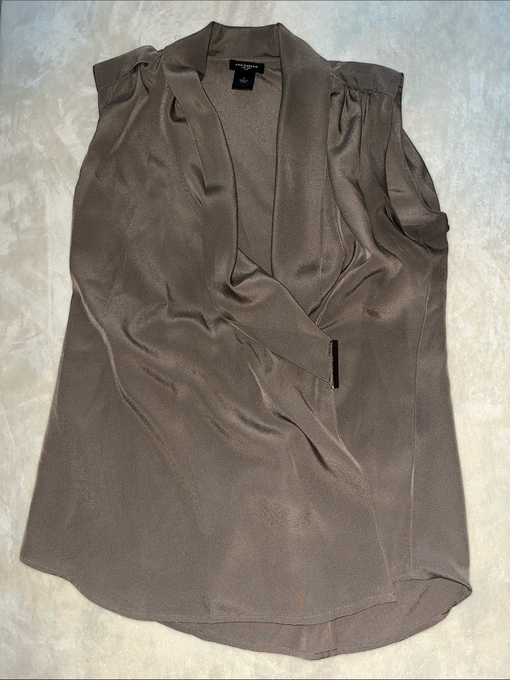 Ann Taylor Taupe Sleeveless Faux-Wrap Blouse
